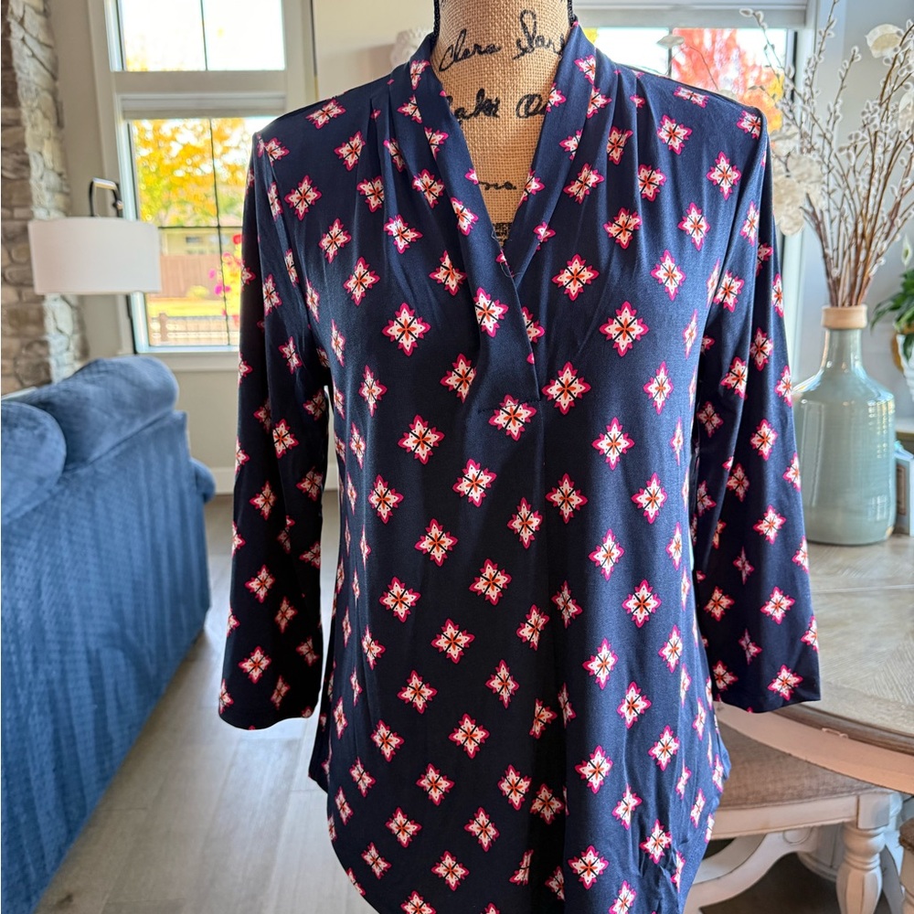 Charter Club Navy and Red Patterned Blouse